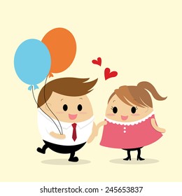 Vector of Happy businessman with balloon who holding hand with his lover while dating