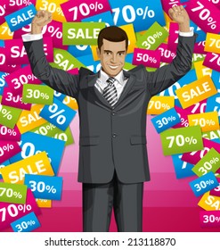 Vector happy businessman with hands up, celebrating his victory