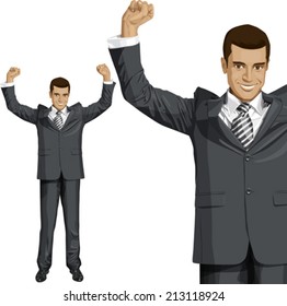 Vector happy businessman with hands up, celebrating his victory