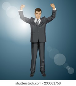 Vector happy businessman with hands up, celebrating his victory