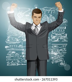 Vector happy businessman with hands up, celebrating his victory