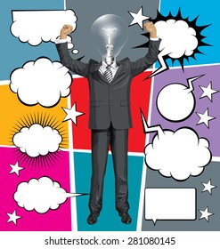 Vector happy businessman with hands up, celebrating his victory, with speech and thought bubbles