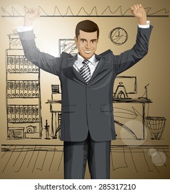Vector happy businessman with hands up, celebrating his victory