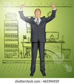 Vector happy businessman with hands up, looking up for idea, celebrating his victory