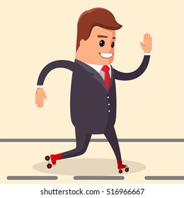 Vector, happy businessman. Manager character on the roller skates.