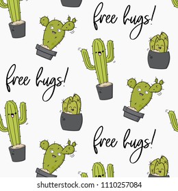 Vector happy cactus print. Cool kids design with succulents. Free hugs cacti decoration. Kawaii doodle cartoon illustration. Funny hugs texture