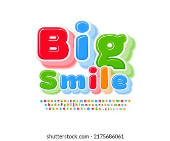 Vector happy card Big Smile. Bright 3D Font. Glossy colorful Alphabet Letters, Numbers and Symbols set