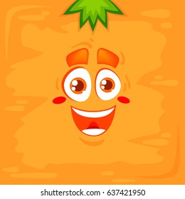 Vector happy carrot face with texture and leaf. Orange background