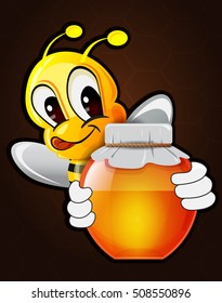 Vector happy cartoon bee with a jar of honey