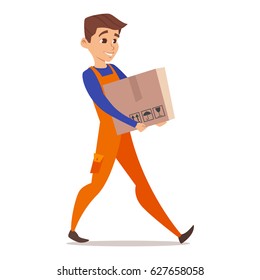 Vector happy cartoon character of home mover worker carrying cardboard box. Isolated on white background.