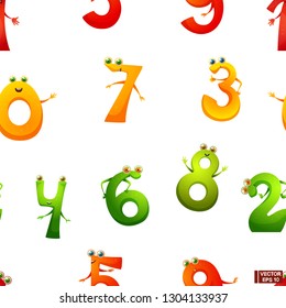 Vector happy cartoon characters numbers of smiling digits with waving hands. Seamless pattern of funny numbers. School life and mathematics.