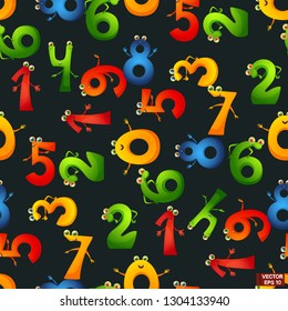 Vector happy cartoon characters numbers of smiling digits with waving hands. Seamless pattern of funny numbers. School life and mathematics.