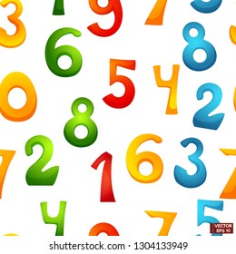 Vector happy cartoon characters numbers of smiling digits with waving hands. Seamless pattern of funny numbers. School life and mathematics.