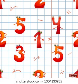 Vector happy cartoon characters numbers of smiling digits with waving hands. Seamless pattern of funny numbers. School life and mathematics.