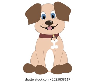 Vector happy cartoon puppy sitting, cute little dog wearing collar isolated on white background.