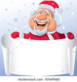 vector happy cartoon Santa Claus with a Christmas scroll in his hand