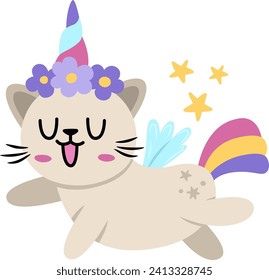 Vektor fröhliche Katze Einhorn. Fantasy Tier mit Regenbogenhorn und Schwanz, Blumen auf dem Kopf, Flügel, Sterne. Fairytale Figur für Kinder. Cartoon Magie-Symbol einzeln auf weißem Hintergrund
