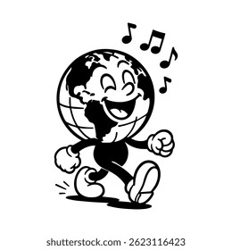 Vector happy character Planet Earth. Cute retro hippie illustration from the 70s