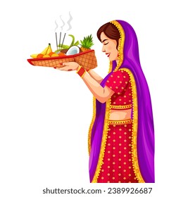 Vector of Happy Chhath Puja, Woman from Bihar offer prayers to the sun in the early morning hours during the ceremony of Chhath Puja festival