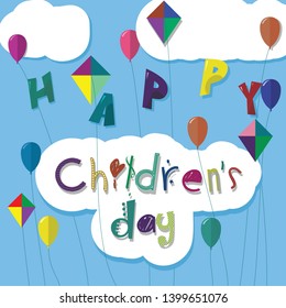 Vector for happy children day with flying balloons and kite