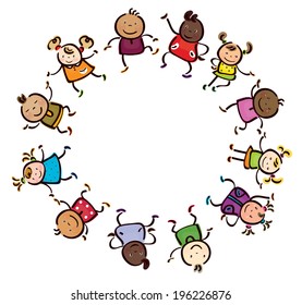Vector happy children different races circle shape.