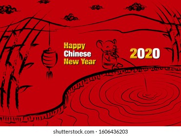 vector happy chinese new year 2020 rat fishing in the river background for brochure banner and publication