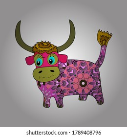 Vector. Happy chinese new year 2021 Zodiac sign, year of the ox, with craft style. Scketh in white, yellow and pink colors. Happy new year 2021, of the ox).