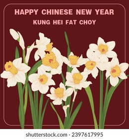 Vector happy chinese new year with narcissus flowers background