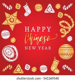 Vector Happy Chinese New Year lettering with decorative typography. Festive greeting card, poster concept. Eastern calendar holiday design.