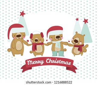 Vector happy Christmas bears seamless pattern on white background. Perfect for stationery, fabric, paper backgrounds and holiday crafts. Use for print on demand items.