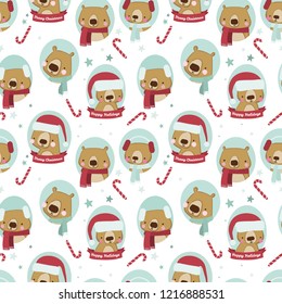 Vector happy Christmas bears seamless pattern on white background. Perfect for stationery, fabric, paper backgrounds and holiday crafts. Use for print on demand items.