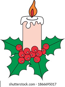 Vector Happy Christmas. Colorful candles, leaves and berry
