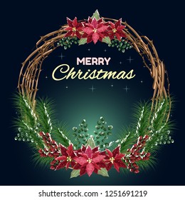 Vector happy Christmas greeting card. Wreath of twigs, poinsettia flowers, fir branches, red and green berries. All elements are isolated. Snow-covered Christmas elements.