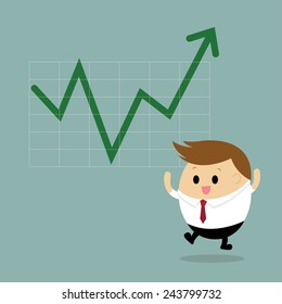 Vector of happy chubby businessman with Business Growth Chart, success