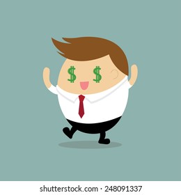 Vector of Happy Chubby Businessman with dollar sign in eyes. Concept Greedy