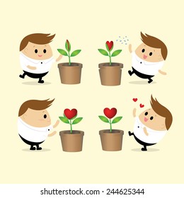 Vector of Happy Chubby Businessman planting a flower with hearth symbol  for Valentine's day concept plant the love for his lover