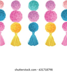 Vector Happy Colorful Birthday Party Pom Poms and Tassels Set Horizontal Seamless Repeat Border Pattern. Great for handmade cards, invitations, wallpaper, packaging, nursery designs.