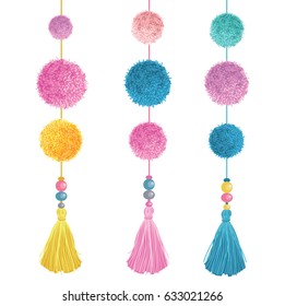 Vector Happy Colorful Birthday Party Pom Poms, Beads, and Tassels Set Of Elements. Great for handmade cards, invitations, nursery designs.