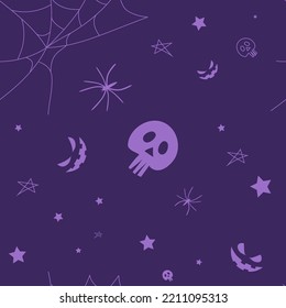 Vector. Happy colorful halloween background. Funny cartoon style. Background with hand drawn outline Halloween elements: spider web, spider, skull, stars, anthropomorphic face.