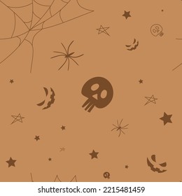 Vector. Happy colorful halloween background. Funny cartoon style. Background with hand drawn outline Halloween elements: spider web, spider, skull, stars, anthropomorphic face.