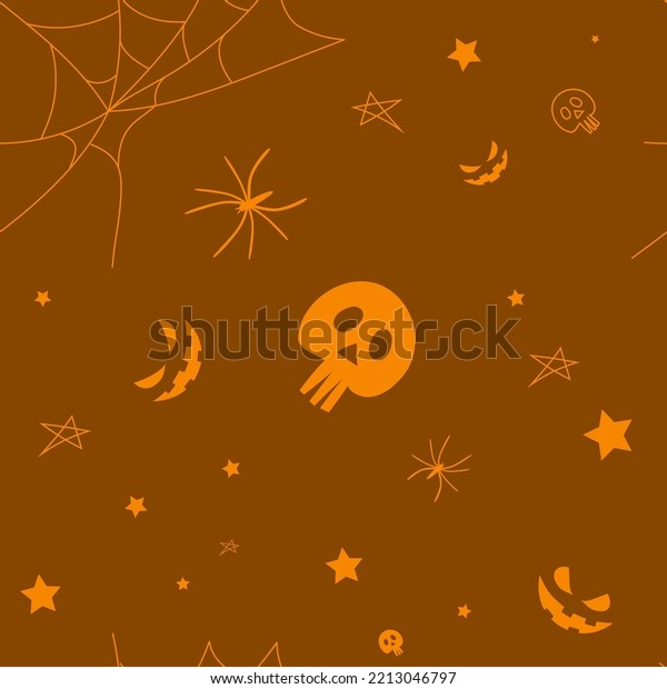Vector. Happy
colorful halloween background. Funny cartoon style. Background with
hand drawn outline Halloween elements: spider web, spider, skull,
stars, anthropomorphic
face.