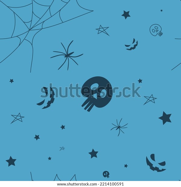 Vector. Happy\
colorful halloween background. Funny cartoon style. Background with\
hand drawn outline Halloween elements: spider web, spider, skull,\
stars, anthropomorphic\
face.