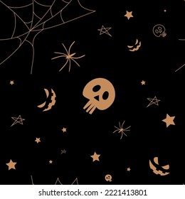 Vector. Happy colorful halloween pattern. Funny cartoon style. Background with hand drawn outline Halloween elements: spider web, spider, skull, stars, anthropomorphic face.