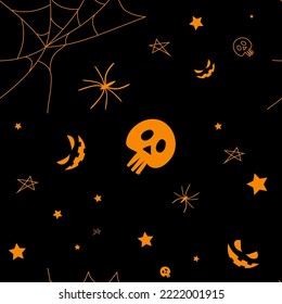 Vector. Happy colorful halloween pattern. Funny cartoon style. Background with hand drawn outline Halloween elements: spider web, spider, skull, stars, anthropomorphic face.