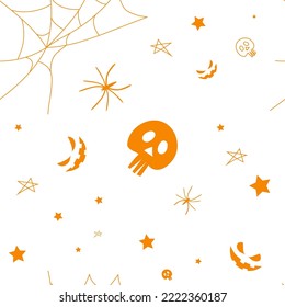 Vector. Happy colorful halloween pattern. Funny cartoon style. Background with hand drawn outline Halloween elements: spider web, spider, skull, stars, anthropomorphic face.