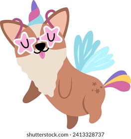 Vector happy corgi dog unicorn. Fantasy animal with rainbow horn and tail, flowers on head, wings, stars. Fairytale character for kids. Cartoon magic creature icon isolated on white background
