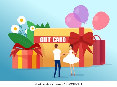 Vector of a happy couple celebrating an occasion on a background of a gift card or voucher, discount coupon 