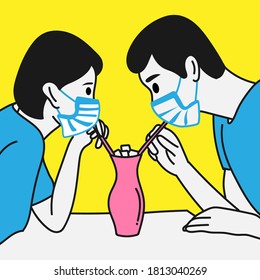 Vector of Happy a couple characters wear medical masks eating together staying at home during Covid19. 