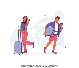 Vector feliz pareja disfrutando de su viaje traer maleta