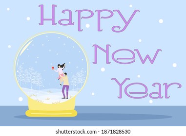 Vector - Happy couple lover with natural view in glass snow ball. Wording Happy New Year. Can be use for print, card, poster, banner or web. Holiday, Season greeting.